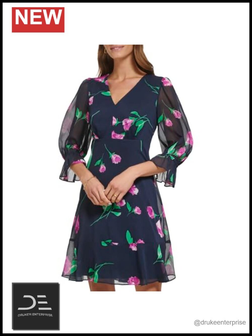 V-Neck Balloon Sleeve Chiffon Midi Dress Ruffle Hem